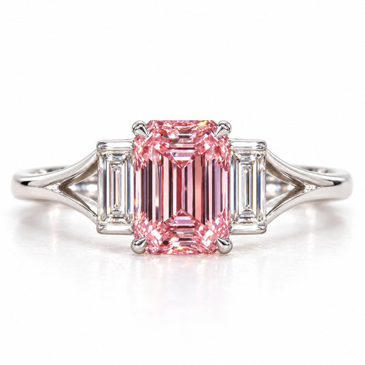 Pink Emerald Cut Lab Grown Diamond Engagement Ring - Trapezoid Three Stone in white gold, front view