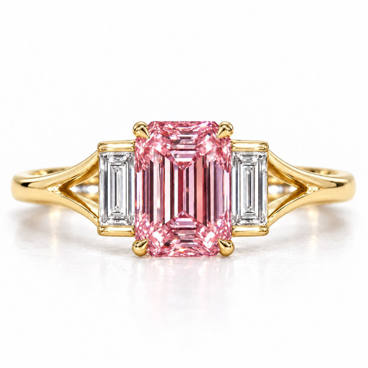 Pink Emerald Cut Lab Grown Diamond Engagement Ring - Trapezoid Three Stone in yellow gold, front view