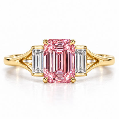 Pink Emerald Cut Lab Grown Diamond Engagement Ring - Trapezoid Three Stone in yellow gold, front view