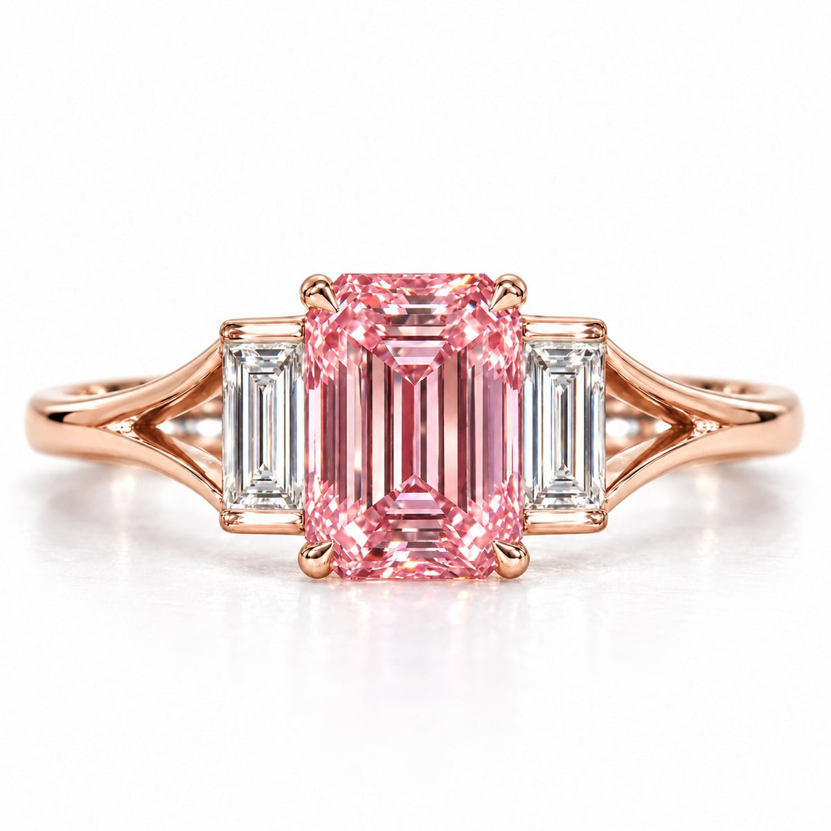 Pink Emerald Cut Lab Grown Diamond Engagement Ring - Trapezoid Three Stone in rose gold, front view