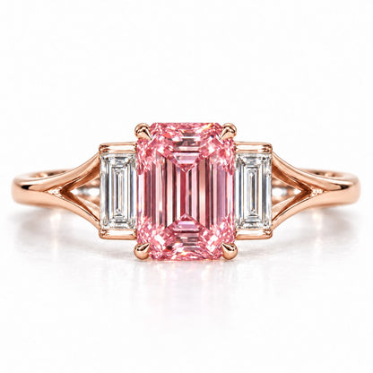 Pink Emerald Cut Lab Grown Diamond Engagement Ring - Trapezoid Three Stone in rose gold, front view