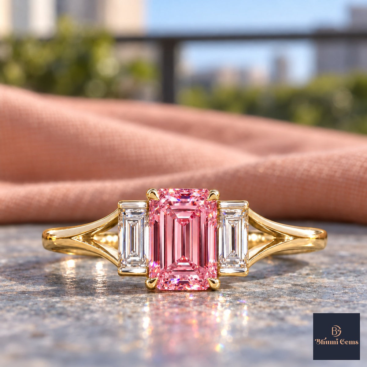 Pink Emerald Cut Lab Grown Diamond Engagement Ring - Trapezoid Three Stone in yellow gold, close-up
