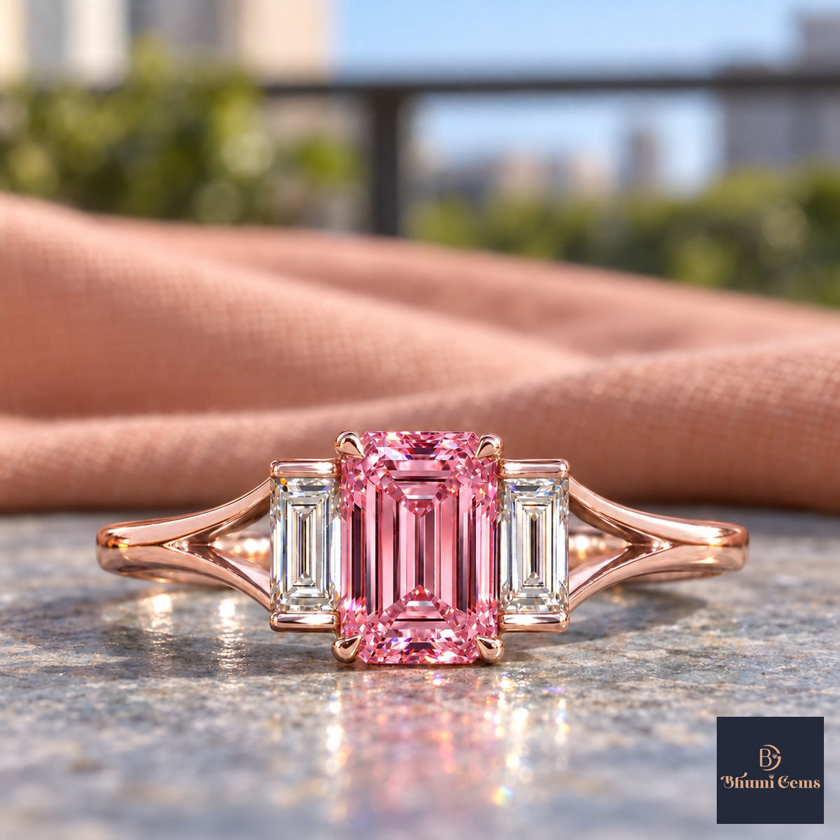 Pink Emerald Cut Lab Grown Diamond Engagement Ring - Trapezoid Three Stone in rose gold, close-up