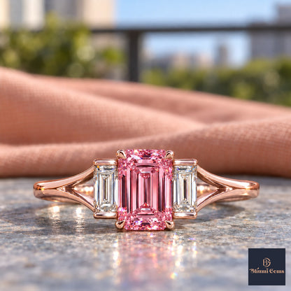 Pink Emerald Cut Lab Grown Diamond Engagement Ring - Trapezoid Three Stone in rose gold, close-up
