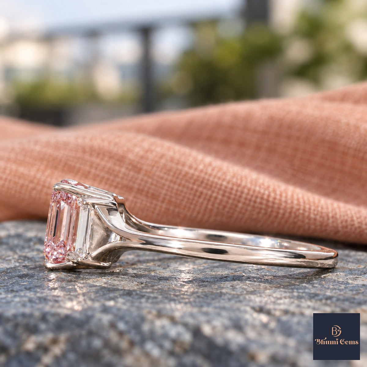 Pink Emerald Cut Lab Grown Diamond Engagement Ring - Trapezoid Three Stone in white gold, side view