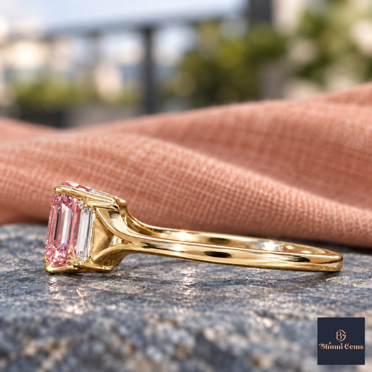 Pink Emerald Cut Lab Grown Diamond Engagement Ring - Trapezoid Three Stone in yellow gold, side view