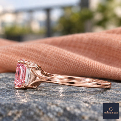 Pink Emerald Cut Lab Grown Diamond Engagement Ring - Trapezoid Three Stone in rose gold, side view