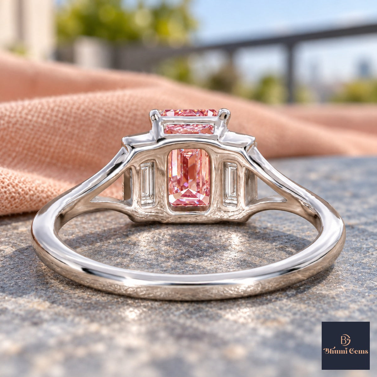 Pink Emerald Cut Lab Grown Diamond Engagement Ring - Trapezoid Three Stone in white gold, gallery view
