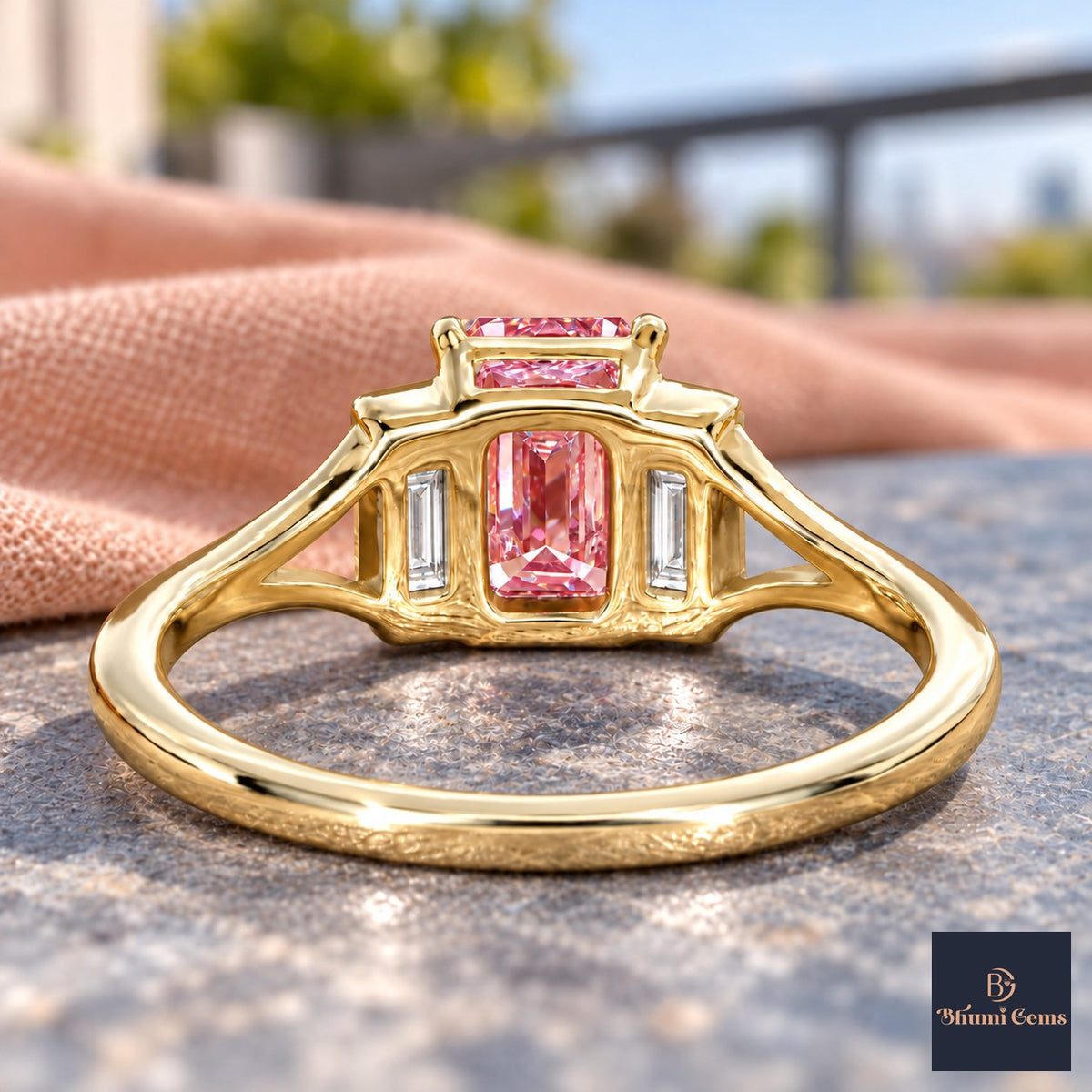 Pink Emerald Cut Lab Grown Diamond Engagement Ring - Trapezoid Three Stone in yellow gold, gallery view