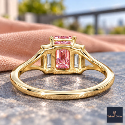 Pink Emerald Cut Lab Grown Diamond Engagement Ring - Trapezoid Three Stone in yellow gold, gallery view