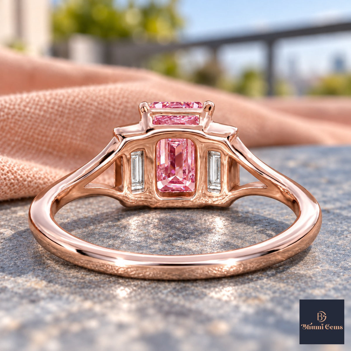 Pink Emerald Cut Lab Grown Diamond Engagement Ring - Trapezoid Three Stone in rose gold, gallery view