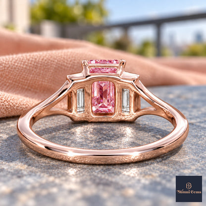 Pink Emerald Cut Lab Grown Diamond Engagement Ring - Trapezoid Three Stone in rose gold, gallery view