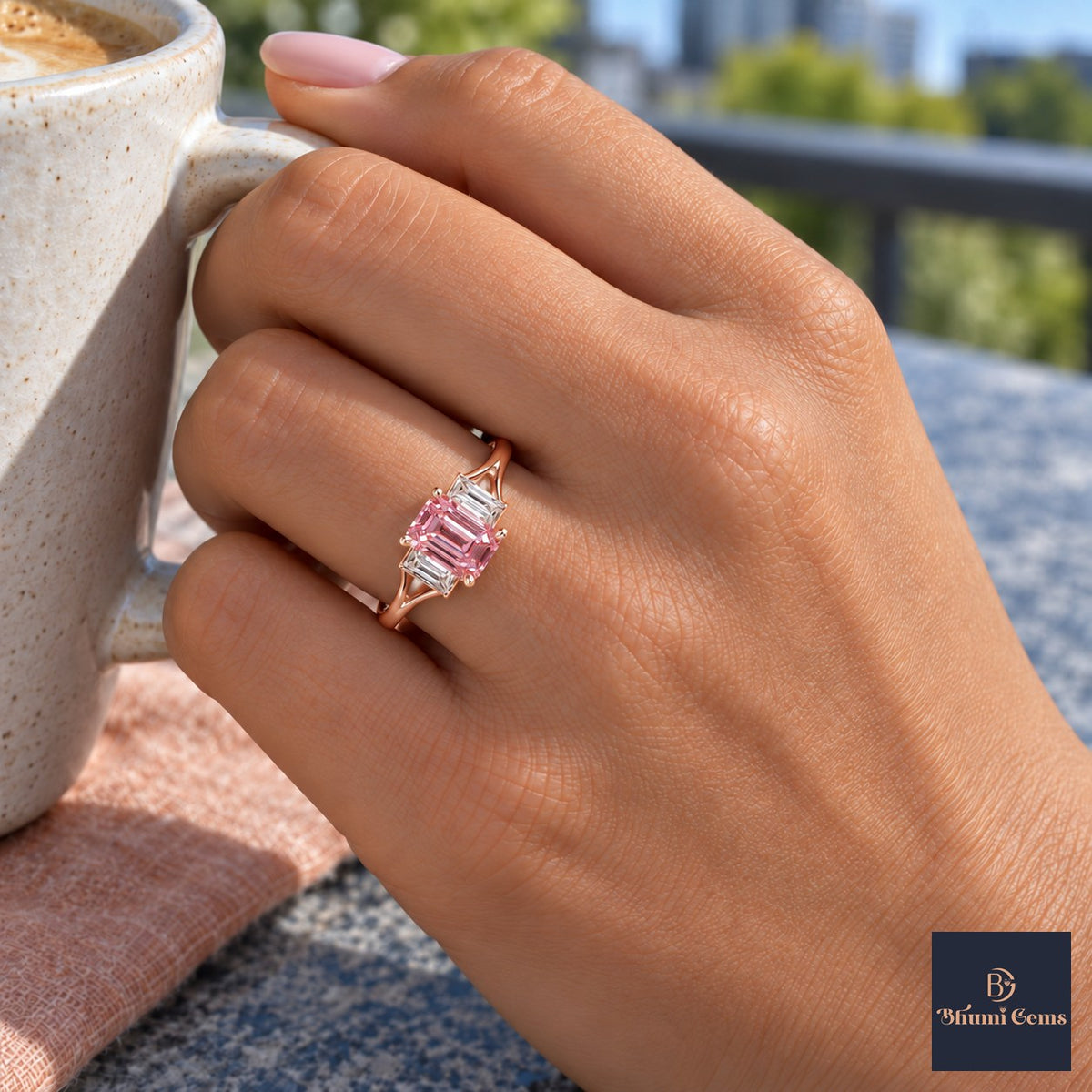 Pink Emerald Cut Lab Grown Diamond Engagement Ring - Trapezoid Three Stone in rose gold, on the hand