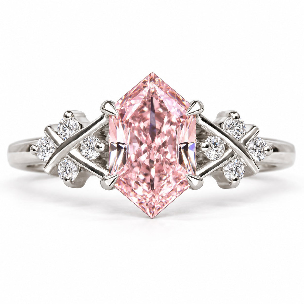 Pink Hexagon Cut Lab Grown Diamond Engagement Ring - Cluster Shoulders in white gold, front view