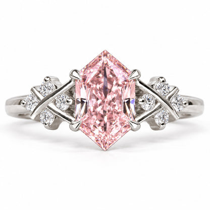 Pink Hexagon Cut Lab Grown Diamond Engagement Ring - Cluster Shoulders in white gold, front view