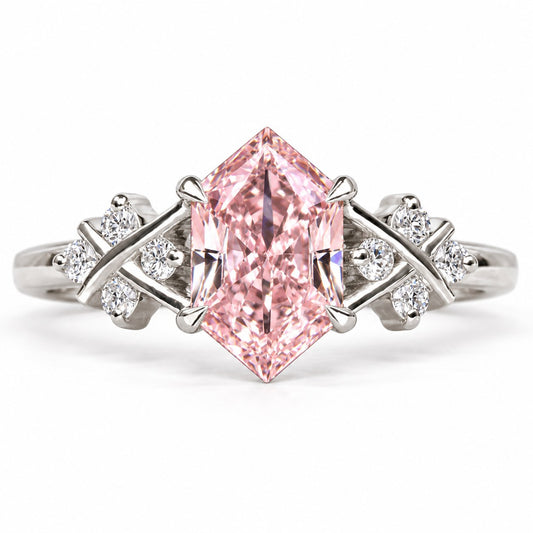 Pink Hexagon Cut Lab Grown Diamond Engagement Ring - Cluster Shoulders in white gold, front view