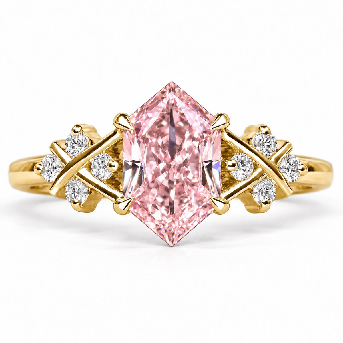 Pink Hexagon Cut Lab Grown Diamond Engagement Ring - Cluster Shoulders in yellow gold, front view