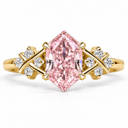 Pink Hexagon Cut Lab Grown Diamond Engagement Ring - Cluster Shoulders in yellow gold, front view