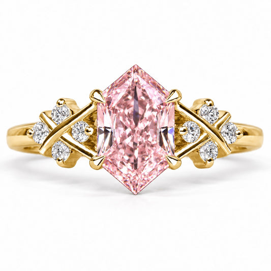 Pink Hexagon Cut Lab Grown Diamond Engagement Ring - Cluster Shoulders in yellow gold, front view
