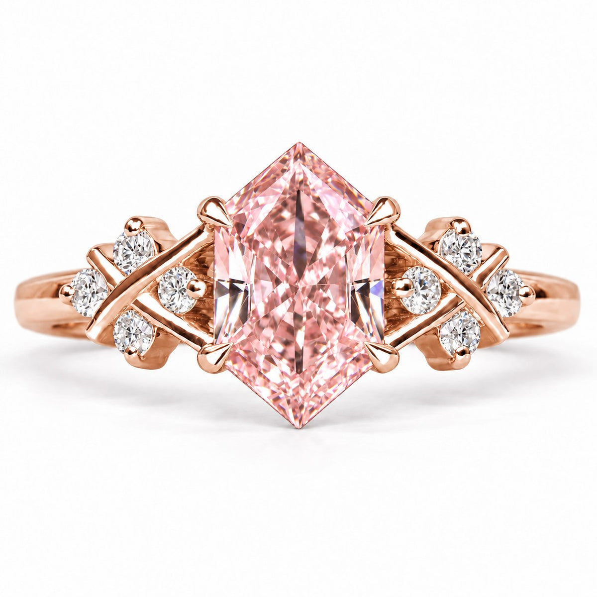 Pink Hexagon Cut Lab Grown Diamond Engagement Ring - Cluster Shoulders in rose gold, front view