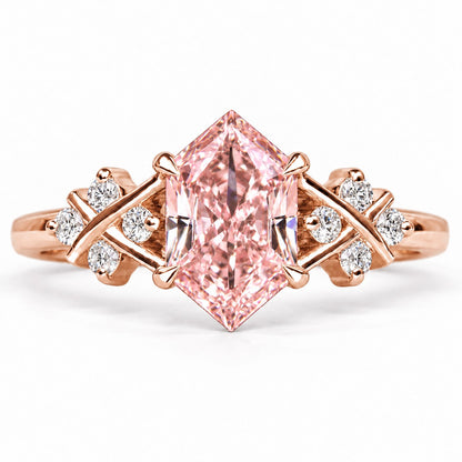 Pink Hexagon Cut Lab Grown Diamond Engagement Ring - Cluster Shoulders in rose gold, front view