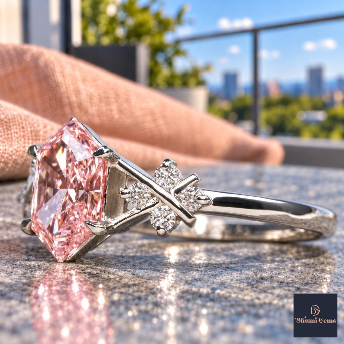 Pink Hexagon Cut Lab Grown Diamond Engagement Ring - Cluster Shoulders in white gold, close-up