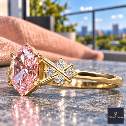 Pink Hexagon Cut Lab Grown Diamond Engagement Ring - Cluster Shoulders in yellow gold, close-up