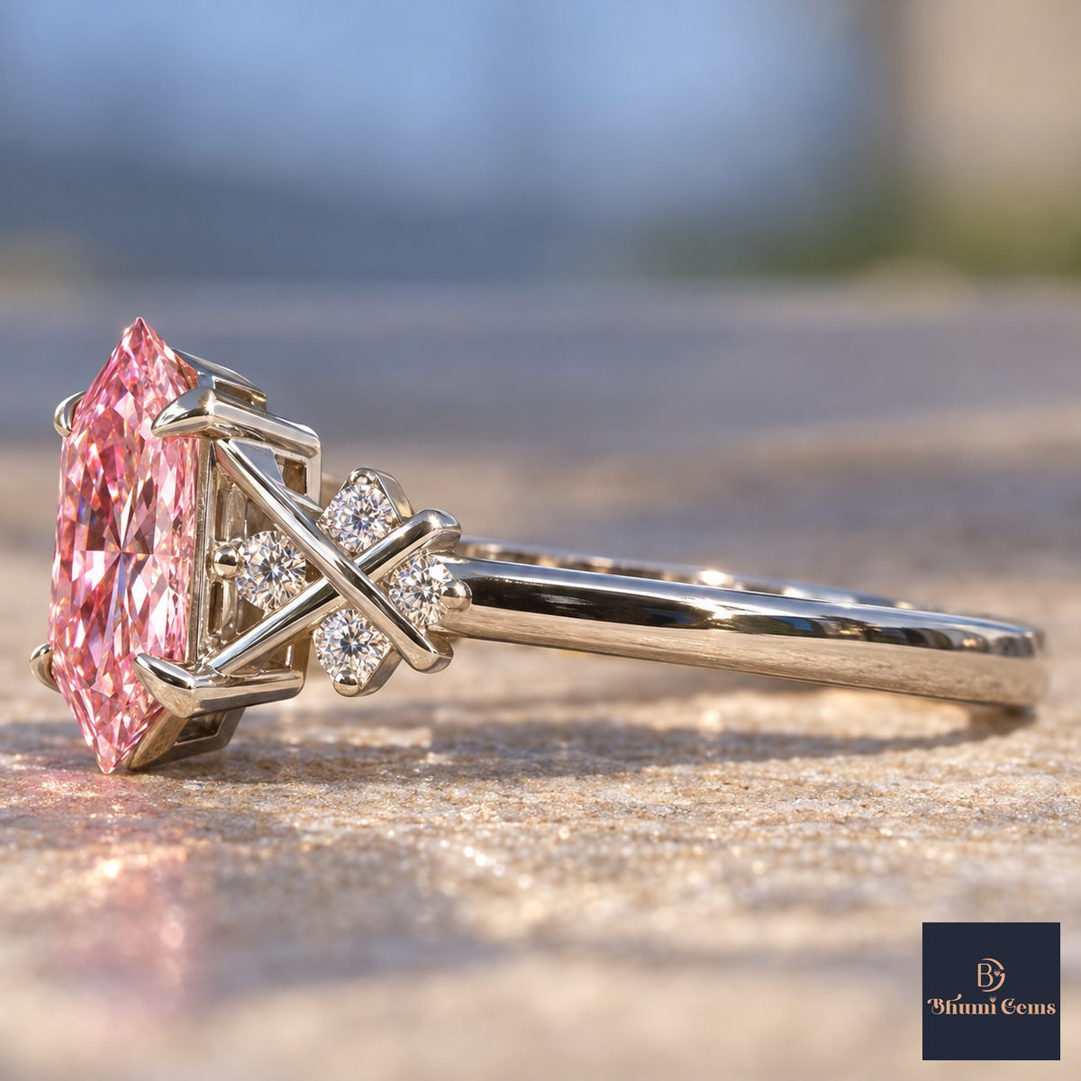 Pink Hexagon Cut Lab Grown Diamond Engagement Ring - Cluster Shoulders in white gold, side view