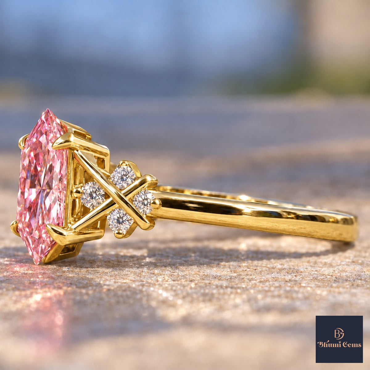 Pink Hexagon Cut Lab Grown Diamond Engagement Ring - Cluster Shoulders in yellow gold, side view
