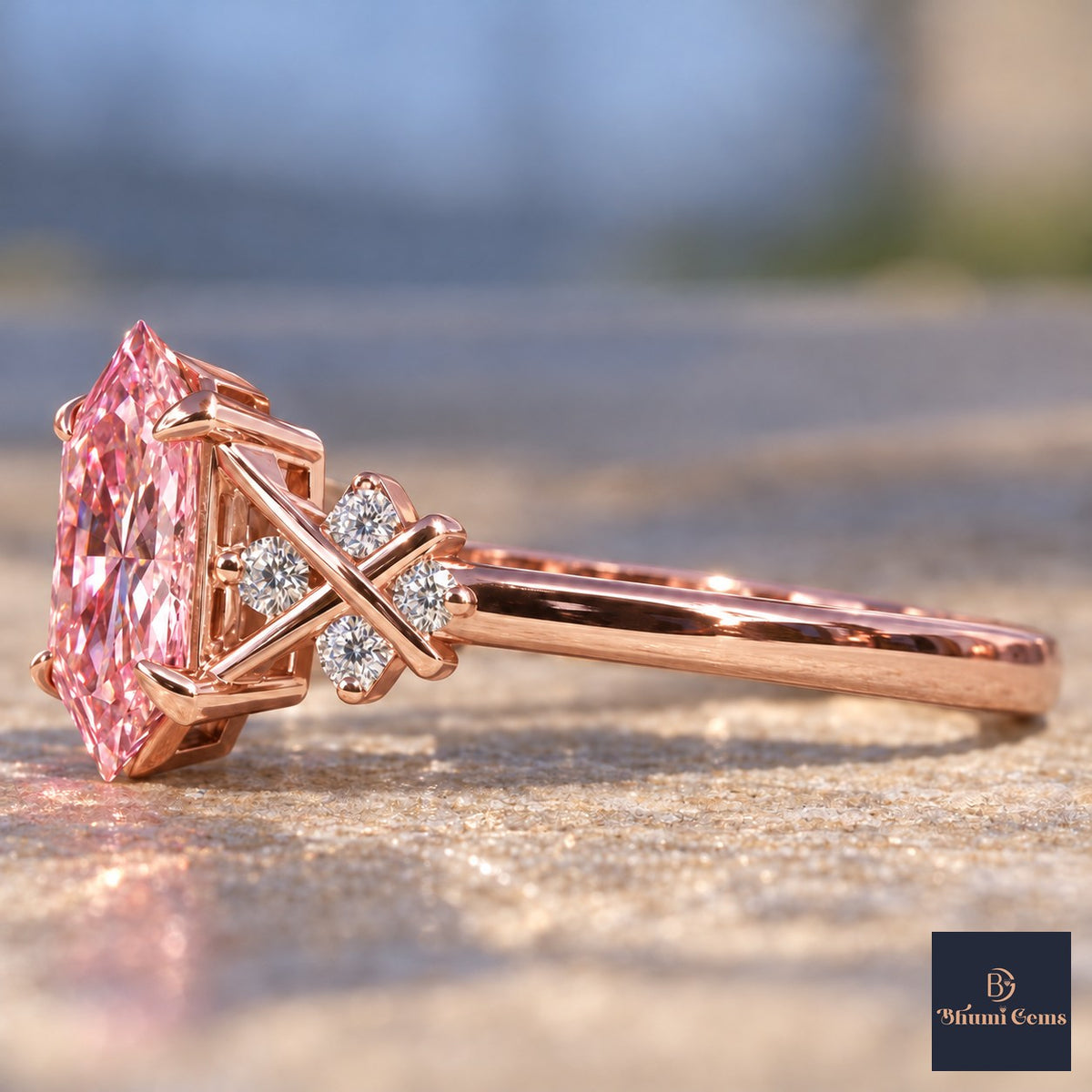 Pink Hexagon Cut Lab Grown Diamond Engagement Ring - Cluster Shoulders in rose gold, side view