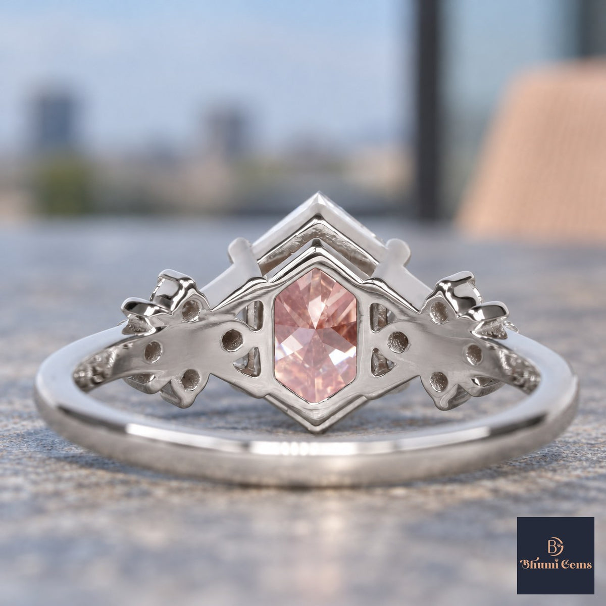 Pink Hexagon Cut Lab Grown Diamond Engagement Ring - Cluster Shoulders in white gold, gallery view