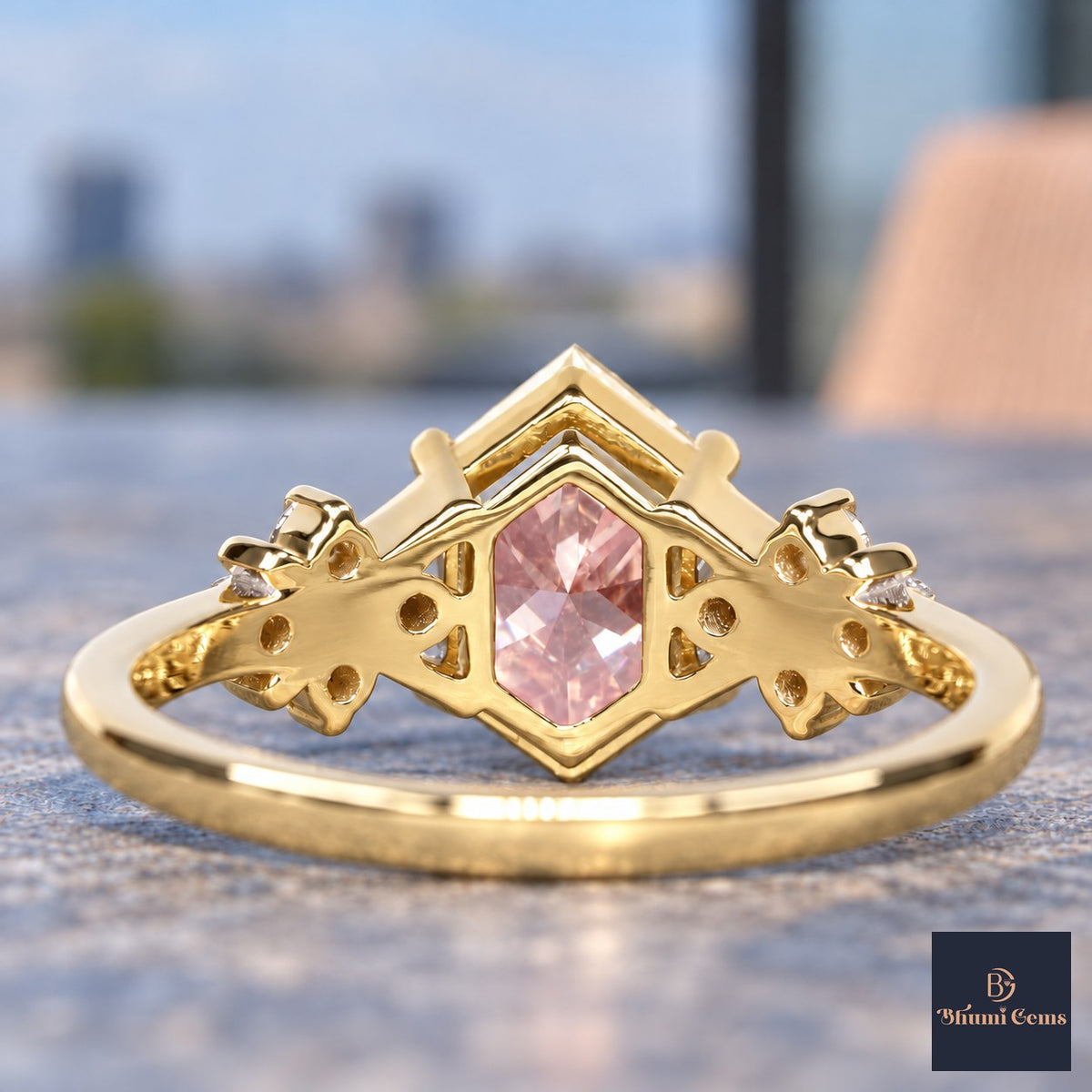 Pink Hexagon Cut Lab Grown Diamond Engagement Ring - Cluster Shoulders in yellow gold, gallery view