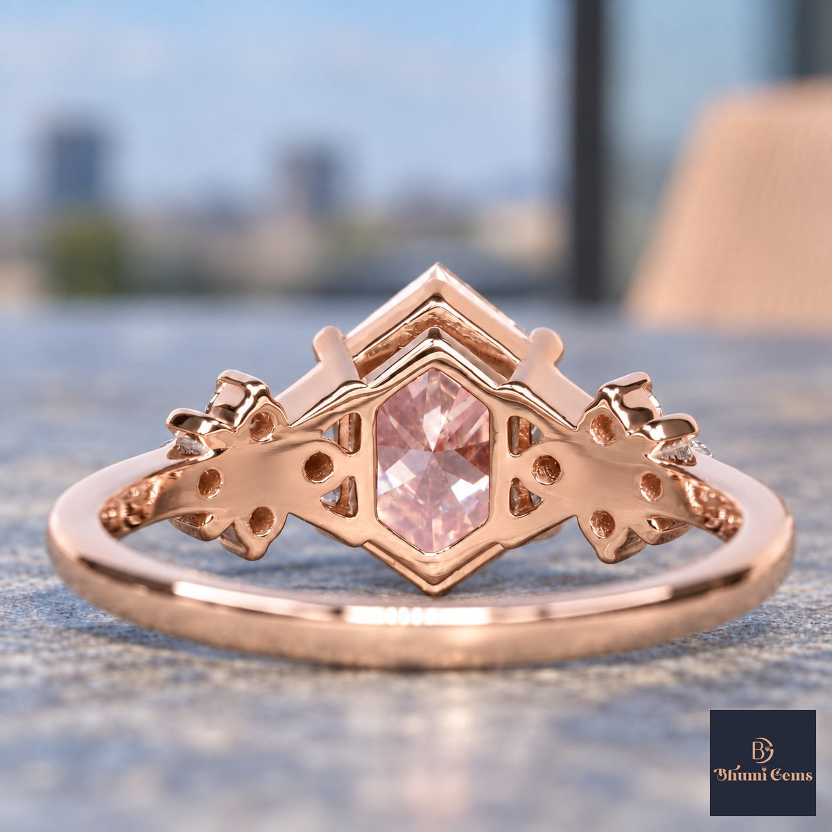 Pink Hexagon Cut Lab Grown Diamond Engagement Ring - Cluster Shoulders in rose gold, gallery view