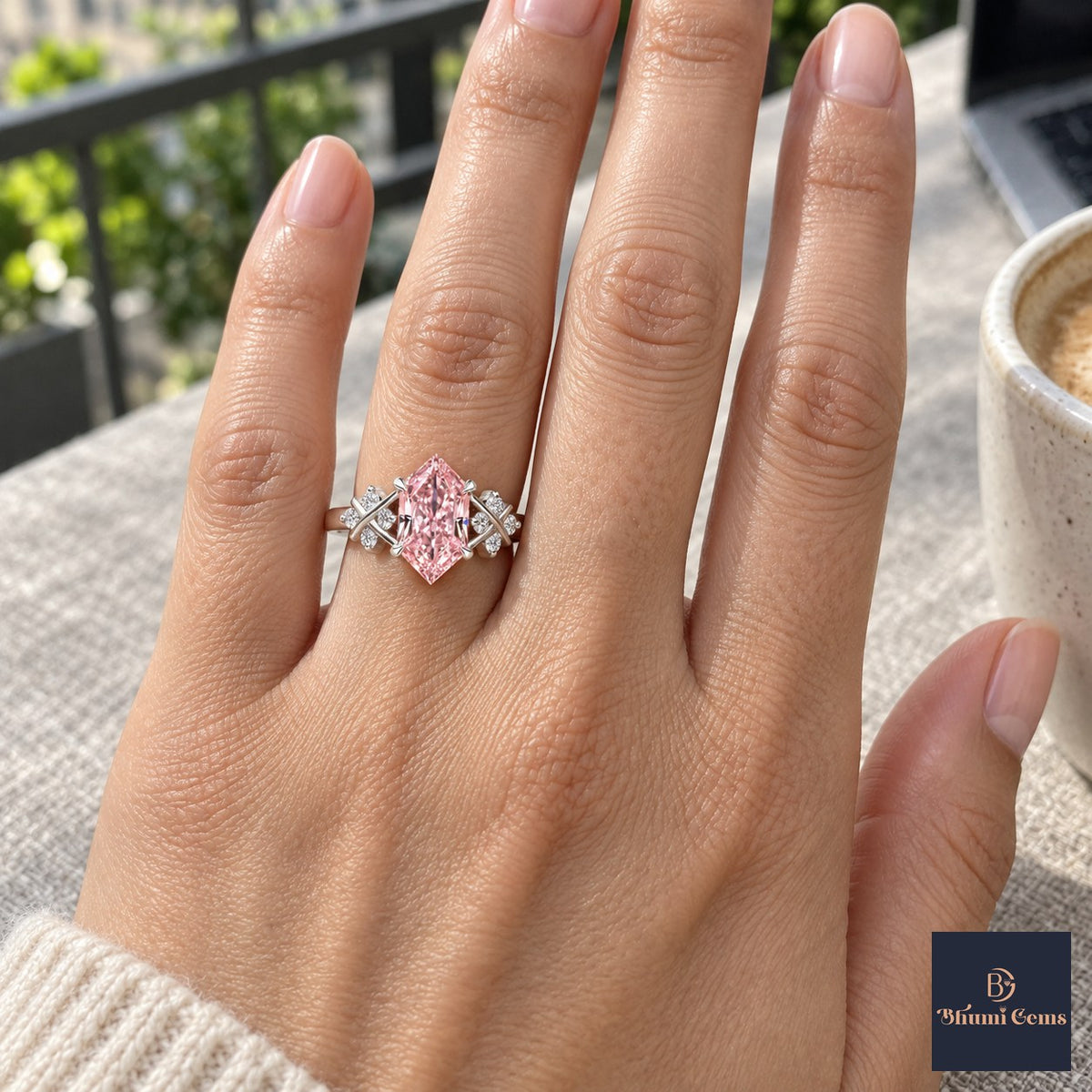 Pink Hexagon Cut Lab Grown Diamond Engagement Ring - Cluster Shoulders in white gold, on the hand
