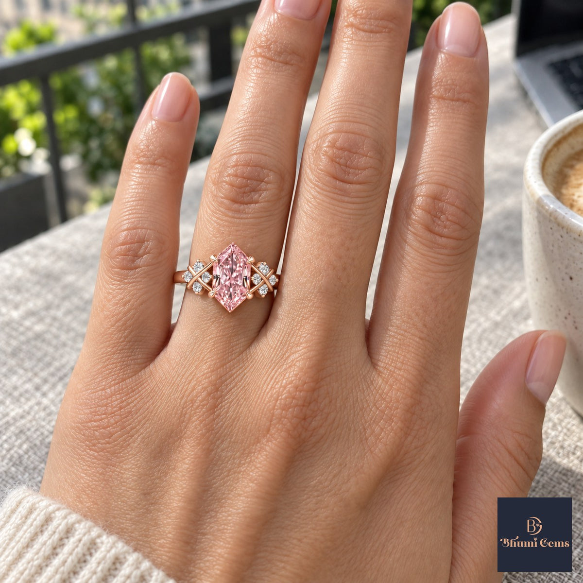 Pink Hexagon Cut Lab Grown Diamond Engagement Ring - Cluster Shoulders in rose gold, on the hand