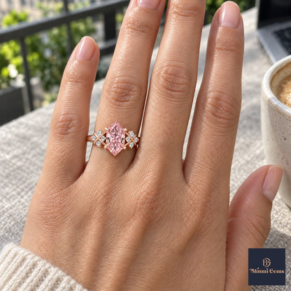 Pink Hexagon Cut Lab Grown Diamond Engagement Ring - Cluster Shoulders in rose gold, on the hand