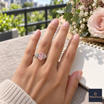 Pink Hexagon Cut Lab Grown Diamond Engagement Ring - Cluster Shoulders in white gold, worn on the hand