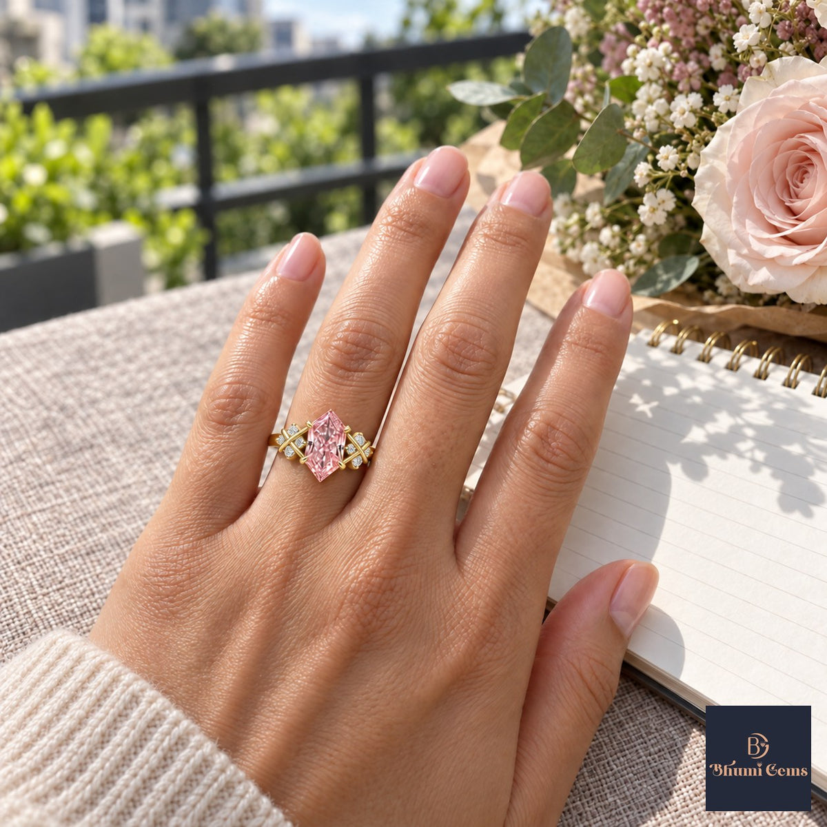 Pink Hexagon Cut Lab Grown Diamond Engagement Ring - Cluster Shoulders in yellow gold, worn on the hand
