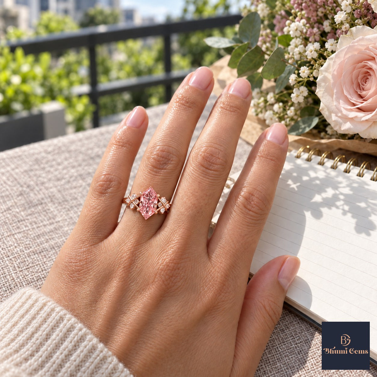 Pink Hexagon Cut Lab Grown Diamond Engagement Ring - Cluster Shoulders in rose gold, worn on the hand