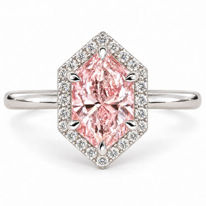 Pink Hexagon Cut Lab Grown Diamond Engagement Ring - Halo in white gold, front view