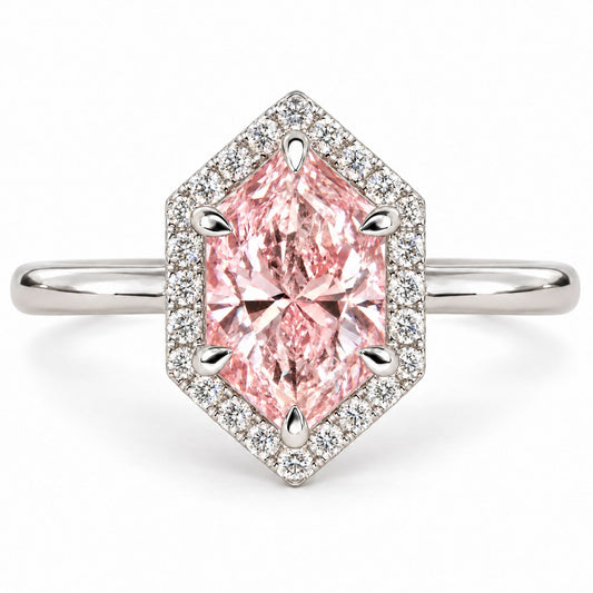 Pink Hexagon Cut Lab Grown Diamond Engagement Ring - Halo in white gold, front view
