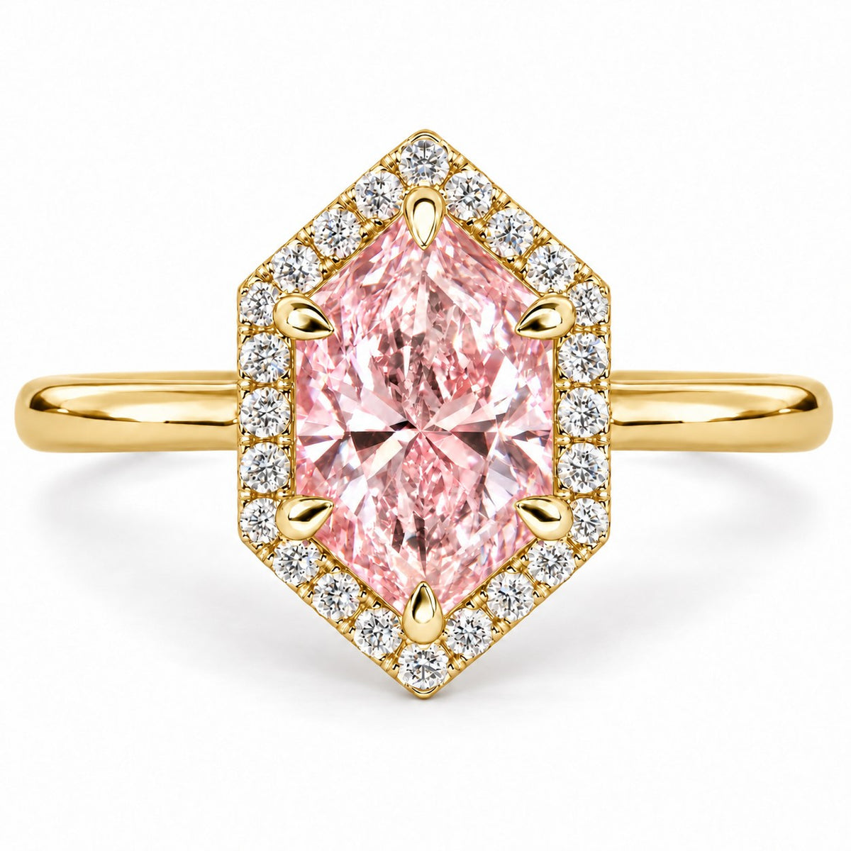 Pink Hexagon Cut Lab Grown Diamond Engagement Ring - Halo in yellow gold, front view