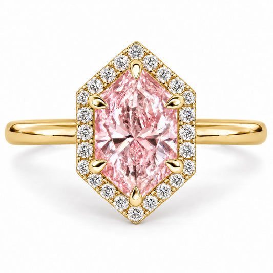 Pink Hexagon Cut Lab Grown Diamond Engagement Ring - Halo in yellow gold, front view