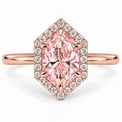 Pink Hexagon Cut Lab Grown Diamond Engagement Ring - Halo in rose gold, front view