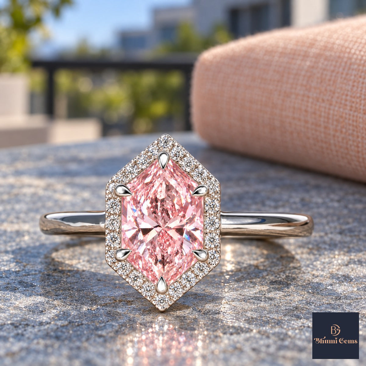 Pink Hexagon Cut Lab Grown Diamond Engagement Ring - Halo in white gold, close-up