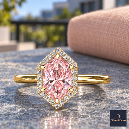 Pink Hexagon Cut Lab Grown Diamond Engagement Ring - Halo in yellow gold, close-up