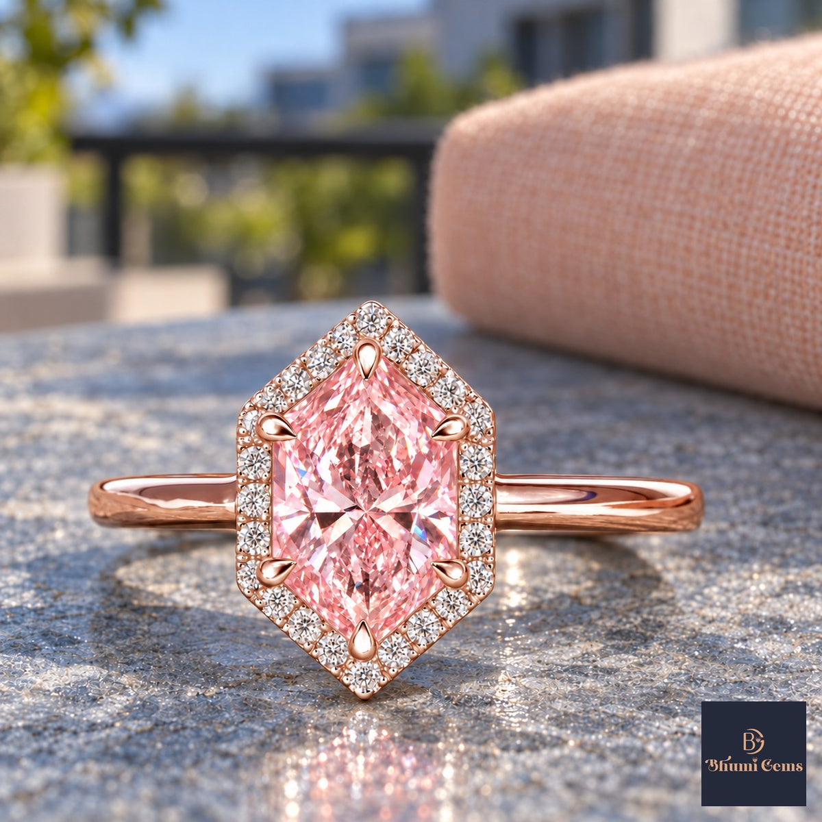 Pink Hexagon Cut Lab Grown Diamond Engagement Ring - Halo in rose gold, close-up