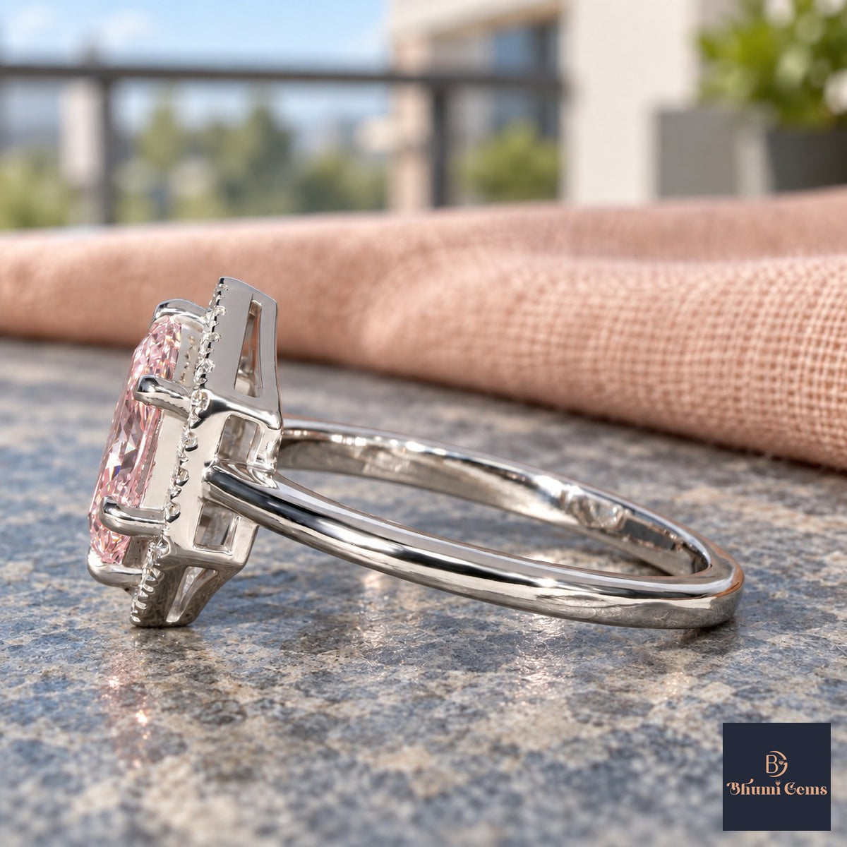 Pink Hexagon Cut Lab Grown Diamond Engagement Ring - Halo in white gold, side view