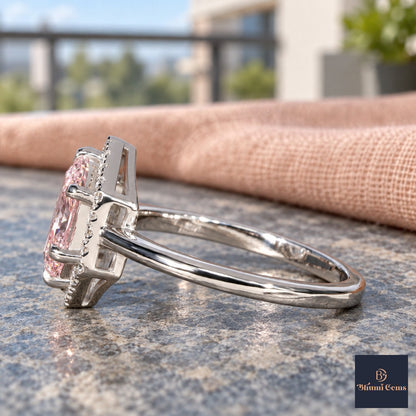 Pink Hexagon Cut Lab Grown Diamond Engagement Ring - Halo in white gold, side view