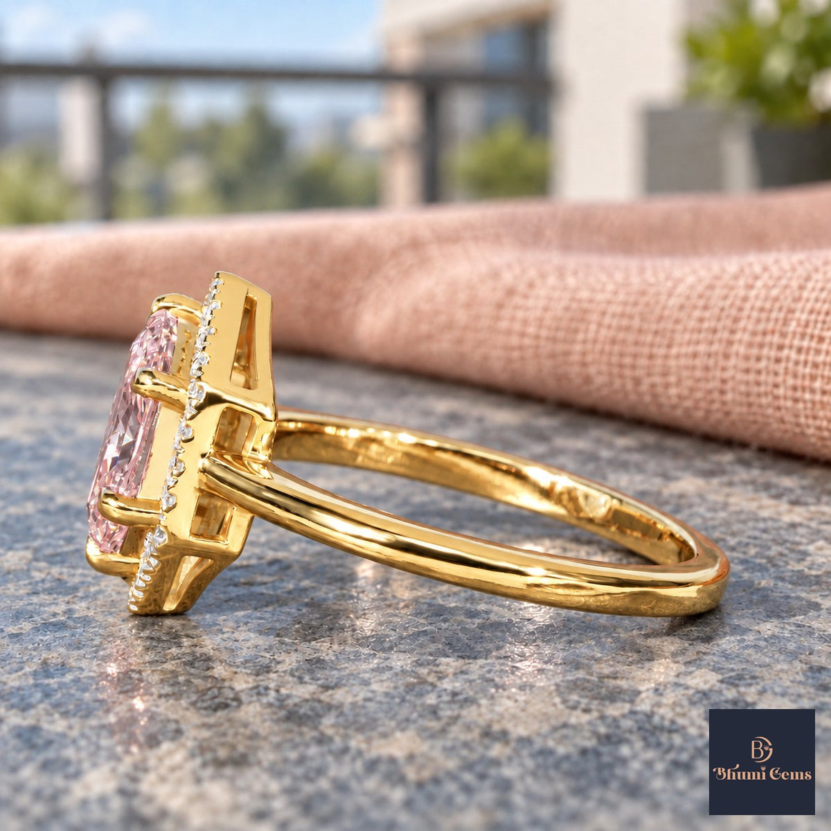 Pink Hexagon Cut Lab Grown Diamond Engagement Ring - Halo in yellow gold, side view